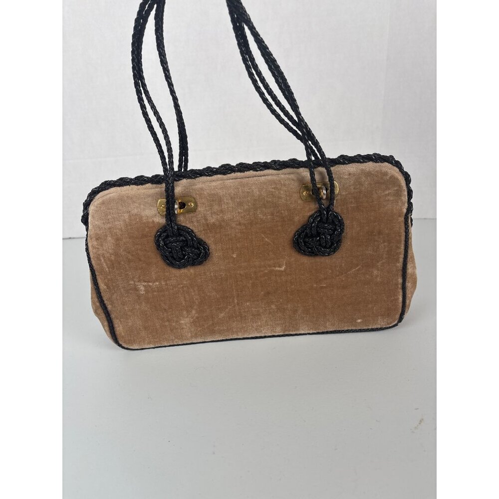 VTG Antique Velvet & Woven Rope Handbag Purse Tan Brown Black Classic Elegance